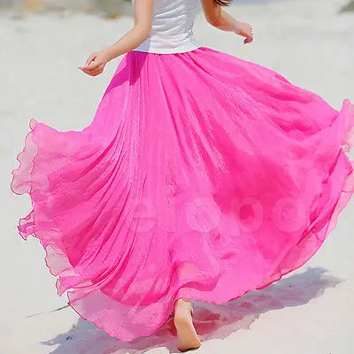 

NEW Women Double Layer Chiffon Pleated Retro Long Skirt Elastic Waist Skirt