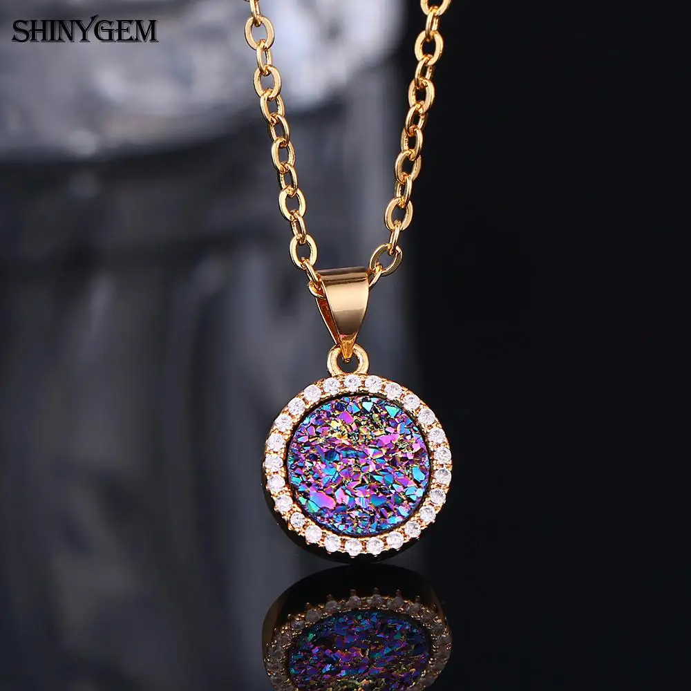 ShinyGem Noble Druzy Earrings Necklace Set Gold Color Round Zircon Party Jewelry Crystal Natural Stone For Women | Украшения и