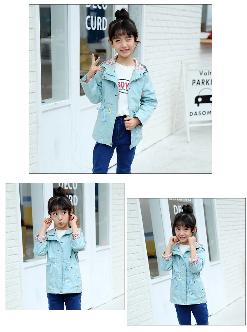 Sudaderas Ninos/Новинка года; ветровка для девочек; сезон весна-осень верхняя одежда с капюшоном и цветочной вышивкой для маленьких детей; пальто; куртка; одежда