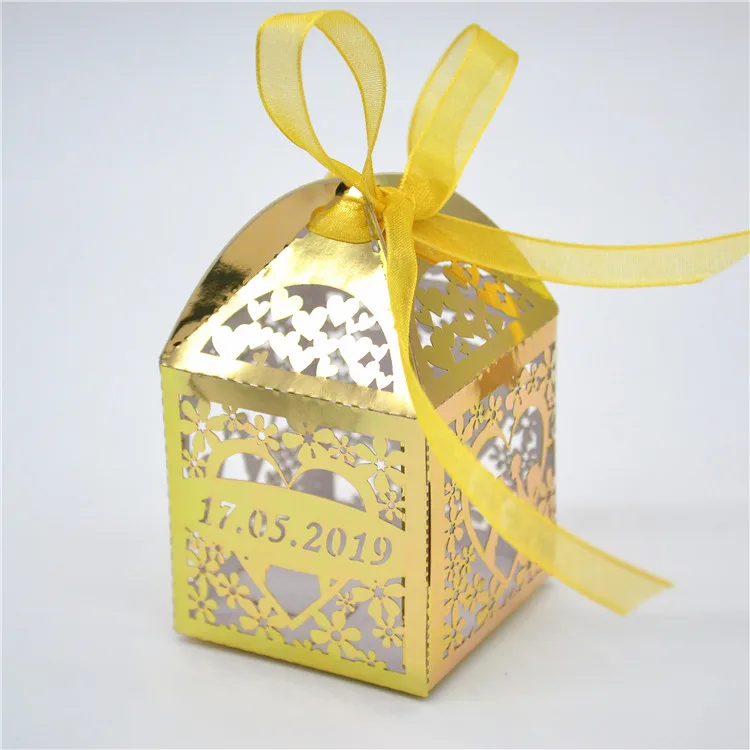 Gold metallic paper laser cut personalized wedding sweets box
