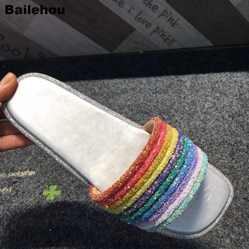 Bailehou/летние шлепанцы для женщин Bling блестками ткань пляжные направляющие