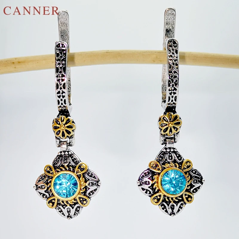 Винтажные серьги из синего камня для женщин серебристый цветок под старину