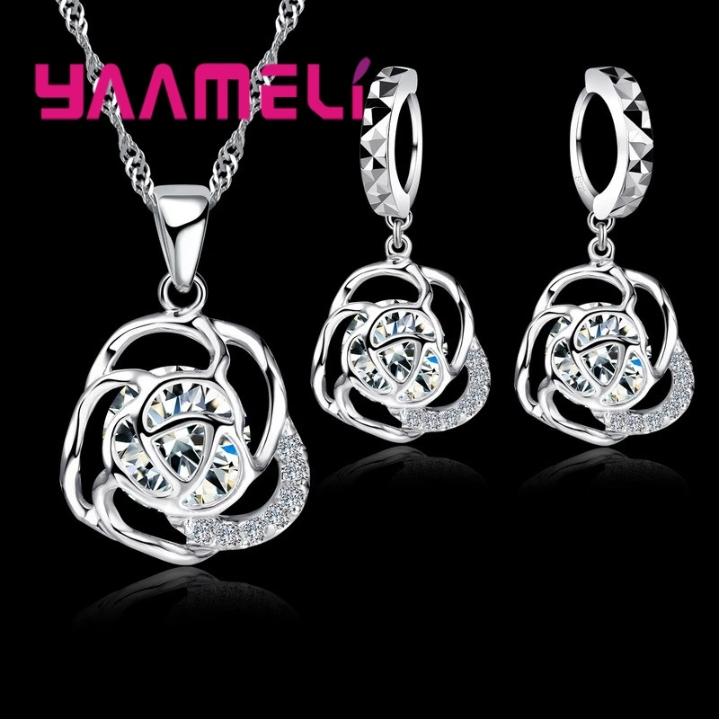

New Crystal Jewelry Sets Women Elegant Hollow Flower Design Party Gift 925 Sterling Silver Necklace Earring Sets
