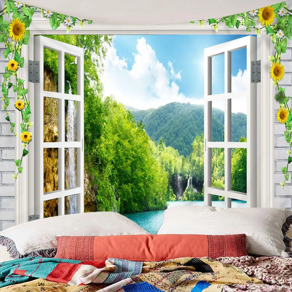 3D пейзаж за окном настенный гобелен покрывало пляжное полотенце Настенный декор