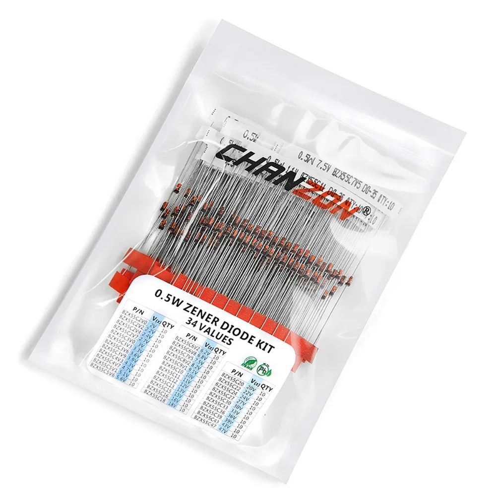 34 Values 0.5W Zener Diode Assorted Kit 2V 3V 3.3V 3.6V 5.1V 5.6V 7.5V 10V 12V 13V 15V 16V 18V 20V 22V 24V 30V 36V 39V 43V 47V