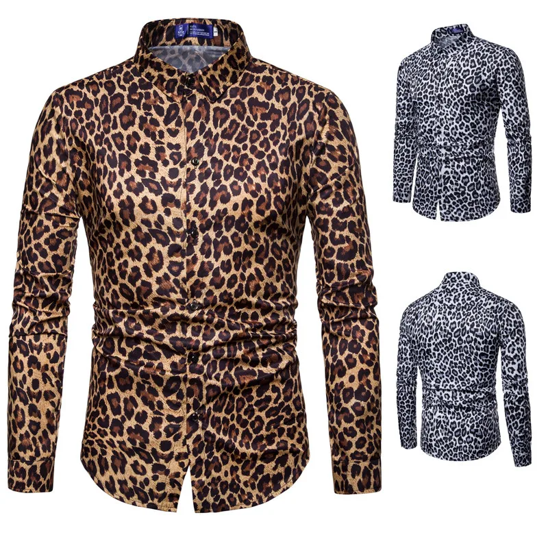 

Рубашка мужская с леопардовым принтом, пикантная Модная рубашка для ночного клуба вечерние выпускного вечера, приталенная гавайская рубаш...