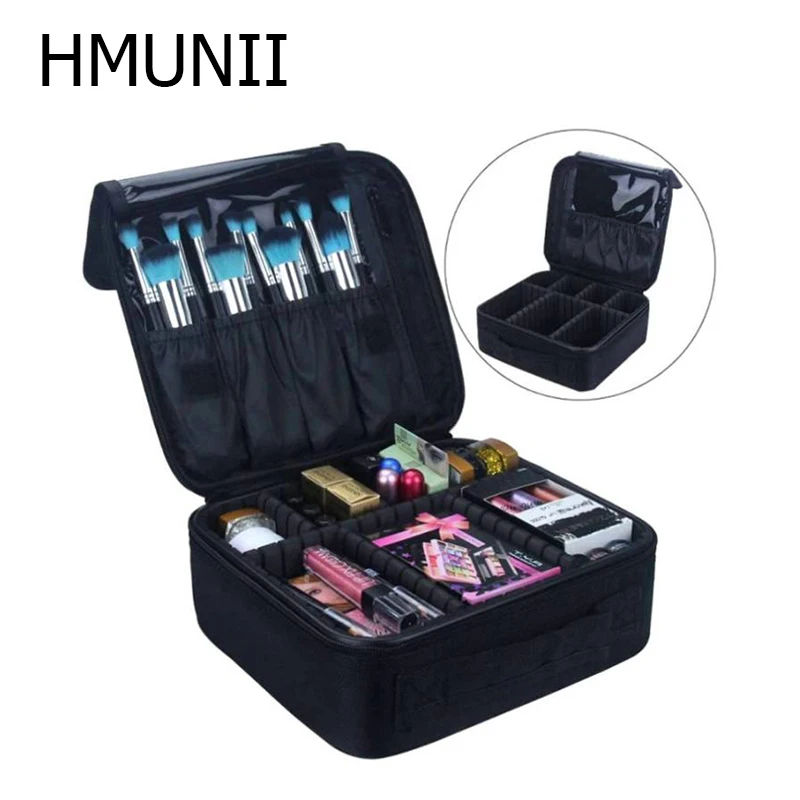 HMUNII, двойной слой косметики, сумка, органайзер для путешествий, чехлы для макияжа, косметичка, кисти, губная помада, аксессуары для туалетных принадлежностей, принадлежности