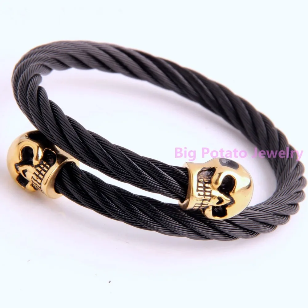 Top Hot Sell 316L Stainless Steel Black Wire Gold Skull Bracelet Bangle 55mm Inner 6mm Width Cool Mens Wrist Jewelry Low Price | Украшения