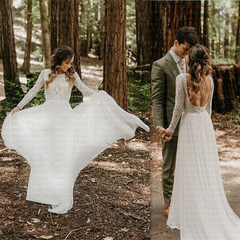 Дешевые пляжные Vestido De Noiva уникальная кружевная одежда с длинным рукавом платье с открытой спиной, вечернее, в стиле хиппи, Стиль свадебное платье-бохо богемное летнее связью свадебные платья