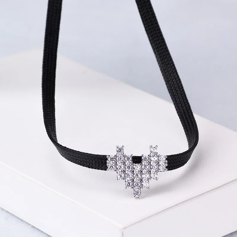 Простой горный хрусталь циркон сердце ожерелье черное кожаное для женщин модное