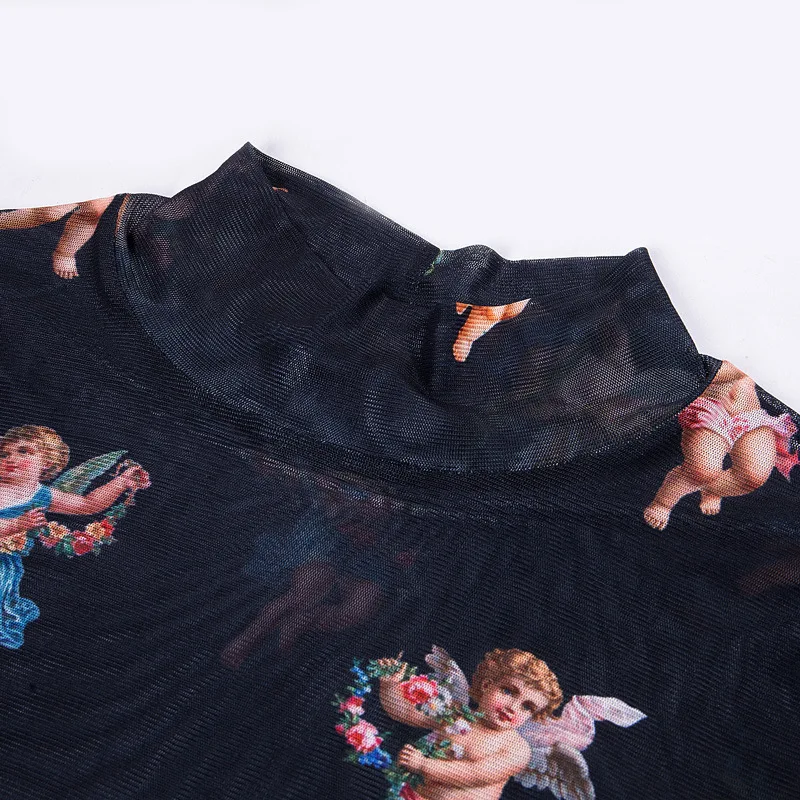 Женский сетчатый сексуальный укороченный топ, пуловер, прозрачный топ с длинным рукавом, женская футболка с принтом херувима, облегающая, модная, мягкая, летняя