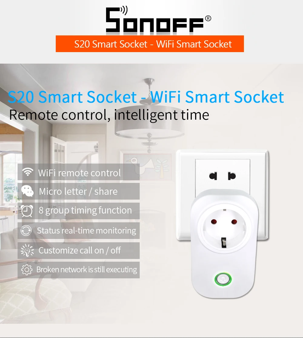 Itead Sonoff S20 ЕС Великобритании США разъем Смарт Wi-Fi Разъем дистанционного переключателя Управление автоматизации реле Модуль Outlet синхронизации 10A 90-250 В