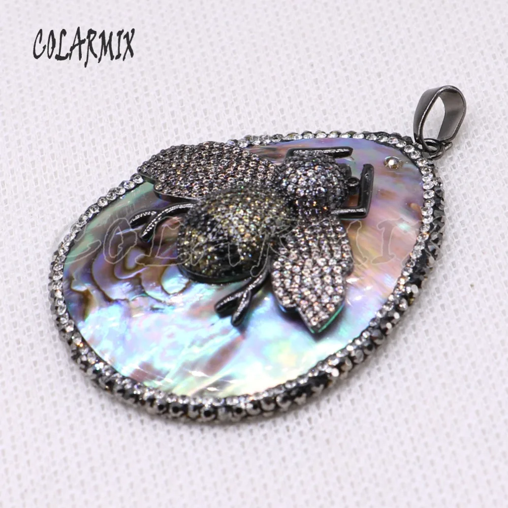 High quality Abalone pendant pave rhinestone with Black zircon inset bee jewelry making for necklace 4064 | Украшения и