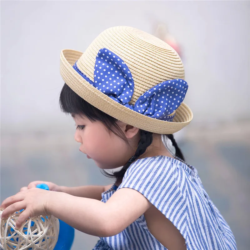 Модные Мультяшные соломенные шляпы с милыми кроличьими ушками детские от солнца