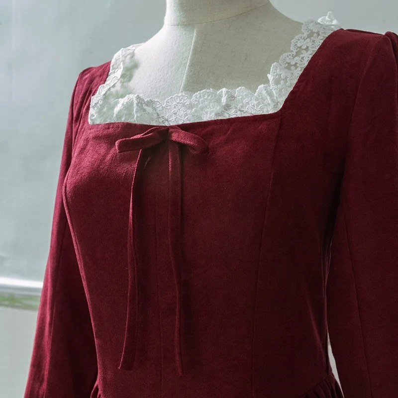 Spring Autumn Women Dress Court Style Vintage Lace Elegant Ladies Slim Corduroy Sexy Slit Wine Red Long Clothes | Женская одежда