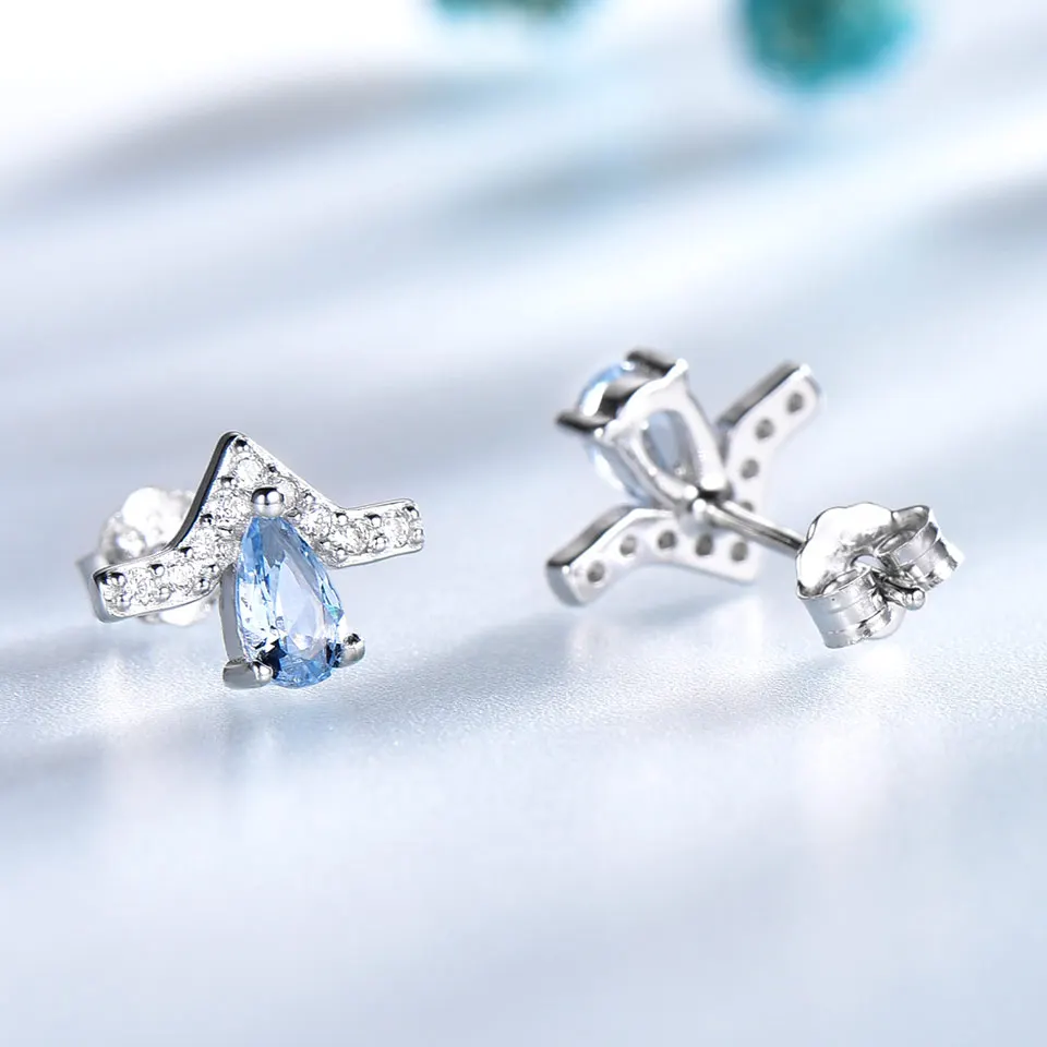 UMCHO Real 100% 925 Sterling Silver Jewelry Pear Created Sky Blue Topaz Stud Earrings For Women Wedding Gift Fine | Украшения и