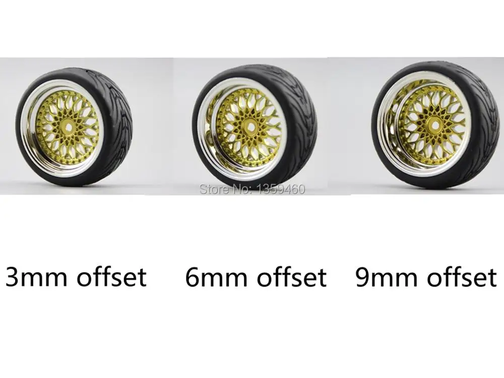 4 шт. 1/10 RC мягкая резина для дорожных шин обод колеса с шиной Y12CG (хром + покраска золото) 3/6/9 мм смещение