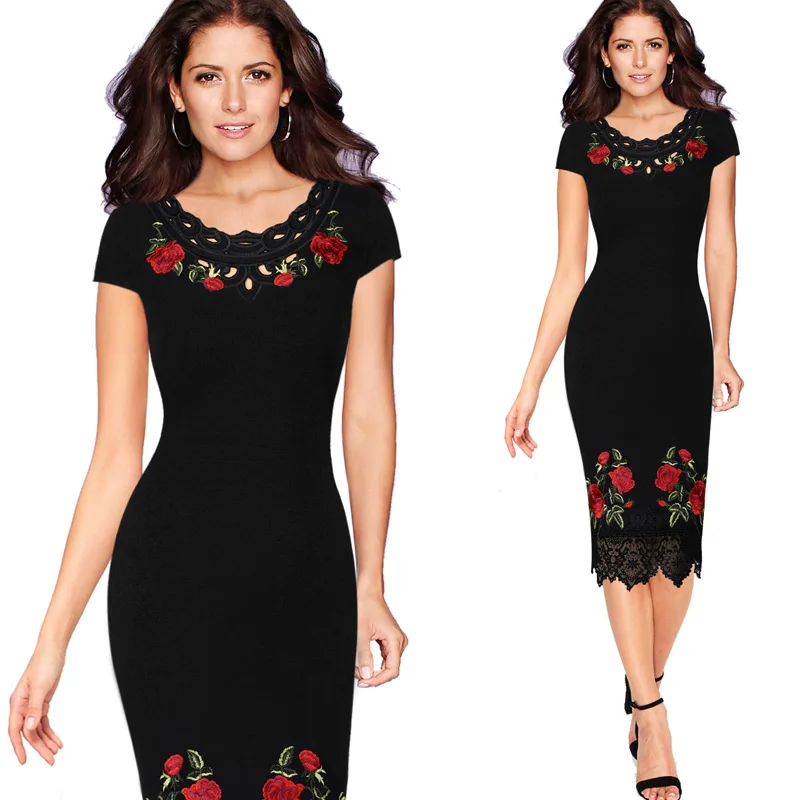 Black Short Sleeve Vfemage женское вязаное кружевное платье с цветочной вышивкой, деловые Коктейльные Вечерние платья для особых случаев, облегающее платье-карандаш 1228 - Цвет: Black Short Sleeve