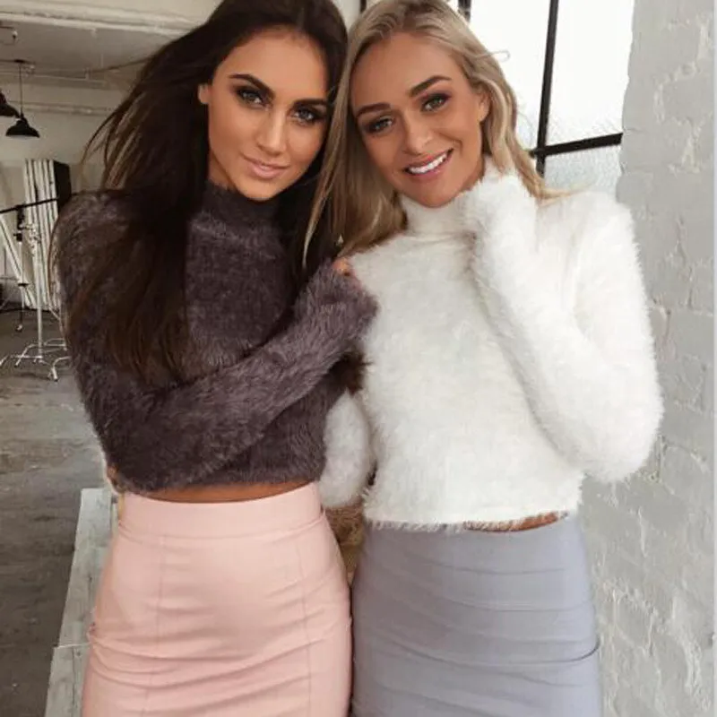 2017 New Spring And Winter Fake Mink Cashmere Short Female Round Neck Solid Color Knit Shirt Bottoming Pullover Sweaters YY484 | Женская