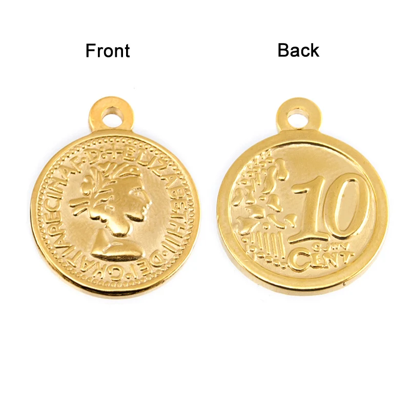 

100% Stainless Steel Coins Pendant Women Elizabeth Round Gold Color/Silver Color Charms For Necklace Wholesale 50 pcs