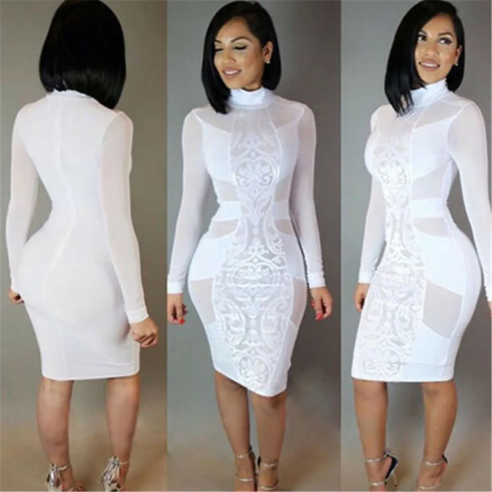 Women Dress Ladies Summer Sexy Fashion Long Sleeve Black Tulle Perspective Bodycon Evening Party Pencil Club 2020 Hot | Женская одежда