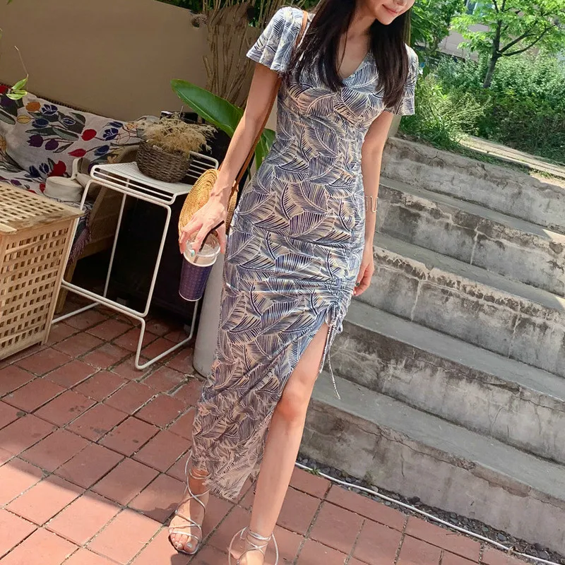 Женское платье с принтом в виде листьев сексуальное вечернее средней длины