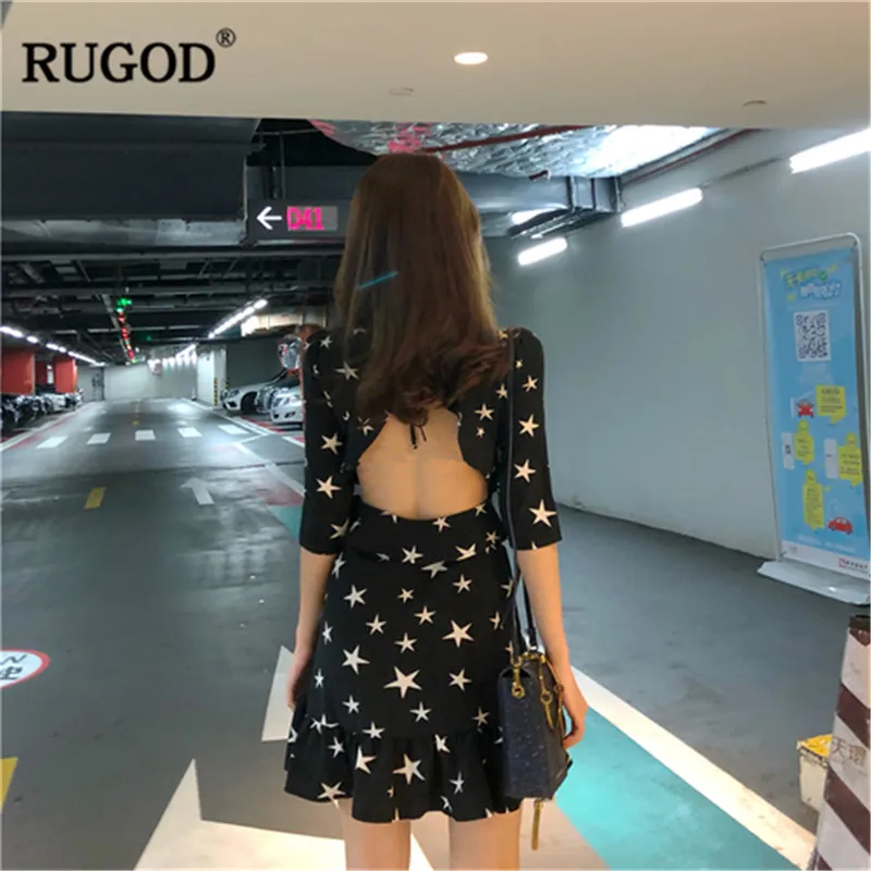 RUGOD 2019 Мини женское платье с открытой спиной Элегантные коротким рукавом