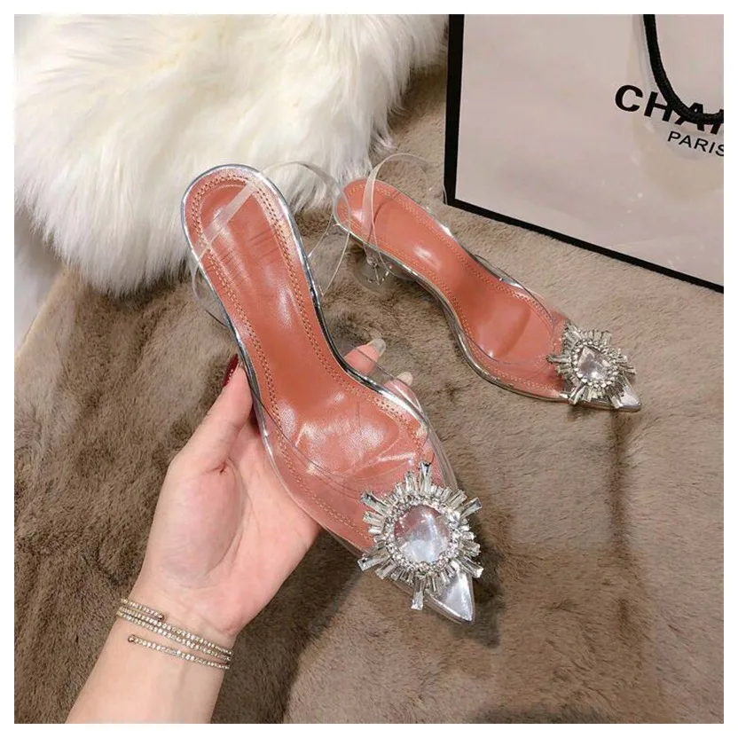 Летние женские босоножки; элегантные туфли со стразами с острым носком без шнуровки; прозрачные горки для улицы на низком каблуке; вечерние свадебные туфли на высоком каблуке