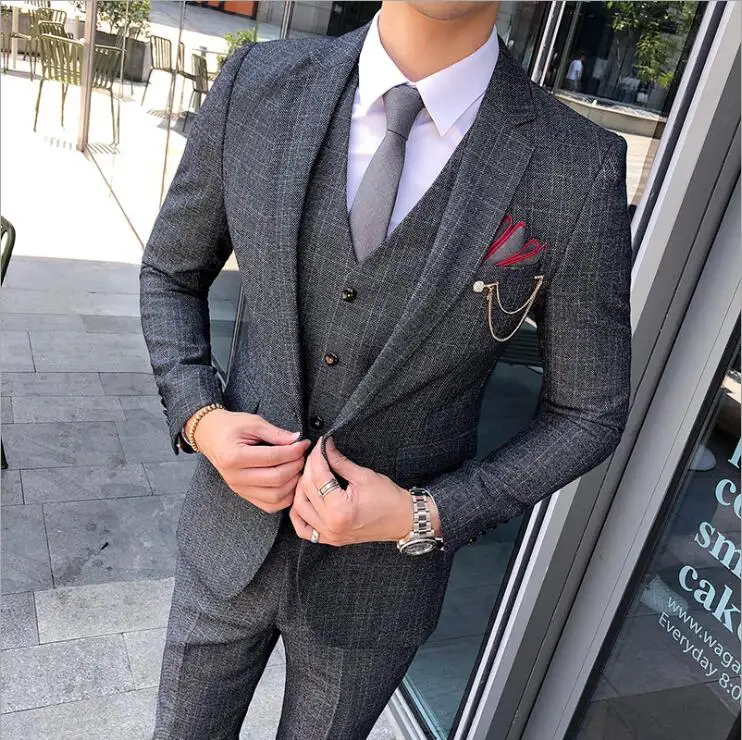 

(Jacket+Pants+Vest)2019 Single Button Men Suits Fashion Grey Men's Slim Fit Business Wedding Party tuxedo Suits Blazer Masculino