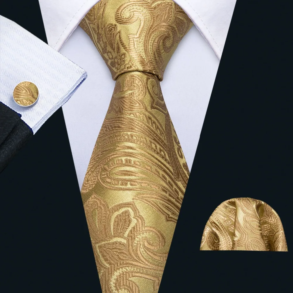 Mens Wedding Tie Gold Paisley Silk Tie Hanky Set Barry.Wang 8.5cm Fashion Designer Neck Ties For Men Party Dropshipping FA-5150