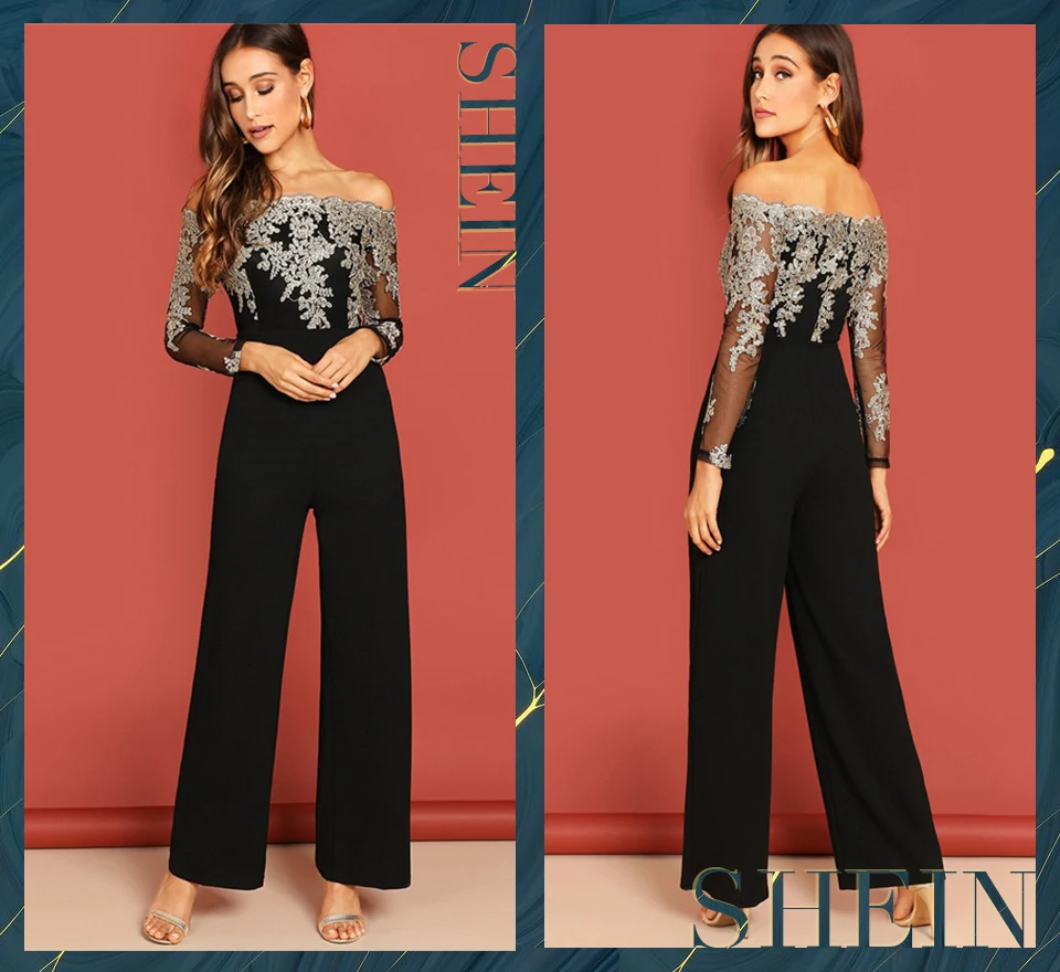 SHEIN Комбинезон С Вышивкой И Открытыми Плечами Женский Летний Черный Элегантный Комбинезон С Длинными Рукавами