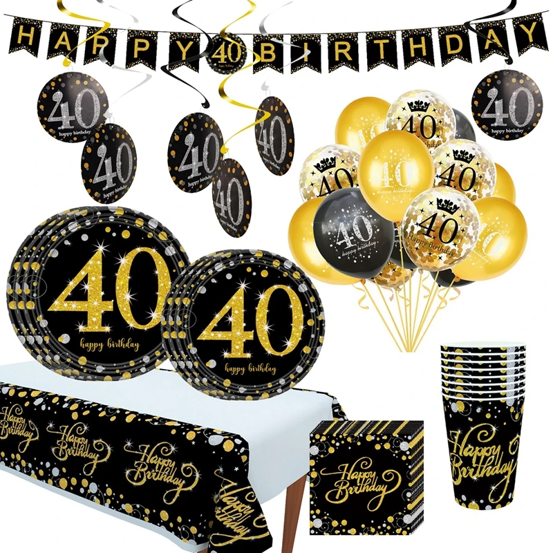 Бумажные наклейки для посуды 30th 40th 50th День Рождения украшения для взрослых золотой черный день рождения 40 50 60 лет День рождения украшения