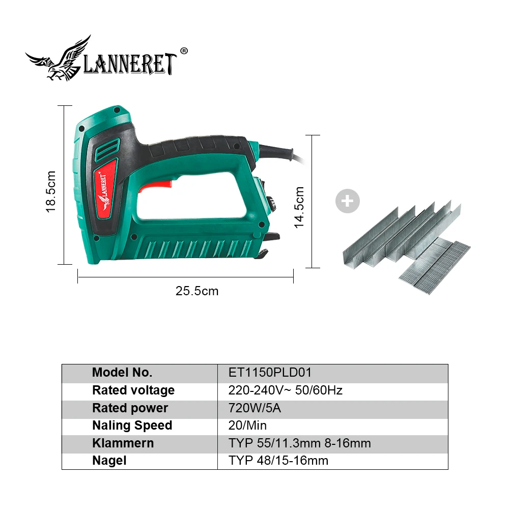 LANNERET 5A 720 Вт Электрический Tacker 2 в 1 гвоздезабиватель штапель пистолет