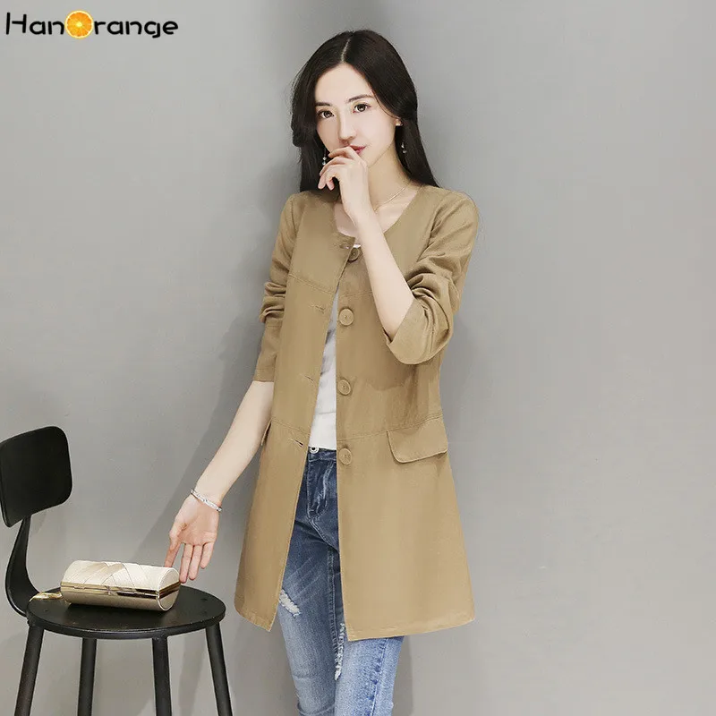 HanOrange/осенне-Весенняя модная простая свободная длинная куртка-ветровка Тренч