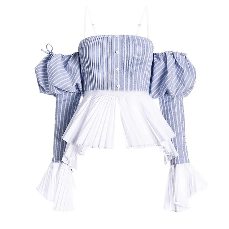blue TWOTWINSTYLE, сексуальная женская блузка с открытыми плечами, с вырезом лодочкой, с расклешенными рукавами, из кусков, хит цвета, полосатая рубашка, женская, Корейская, весна - Цвет: blue