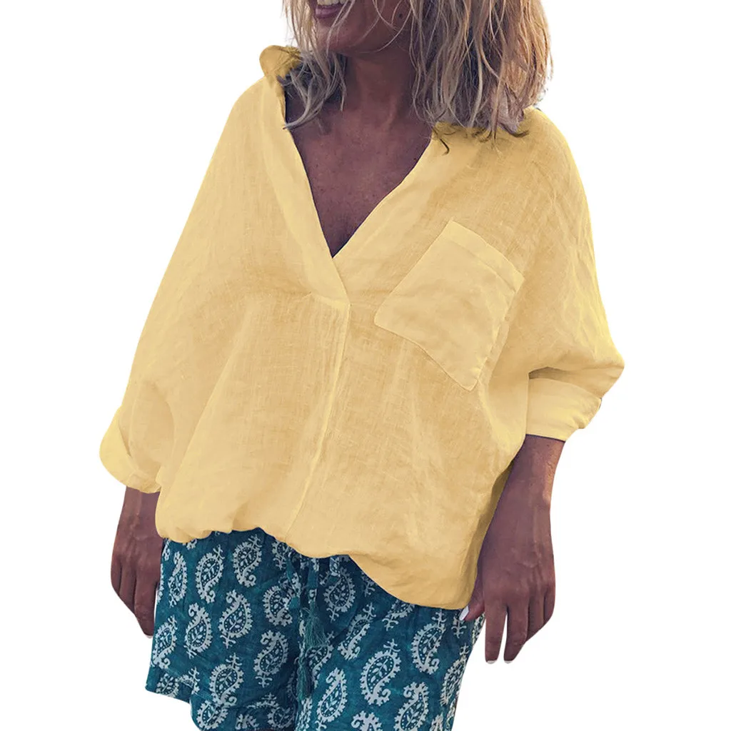 SAGACE модная футболка женская богемная летняя Однотонная рубашка с v образным