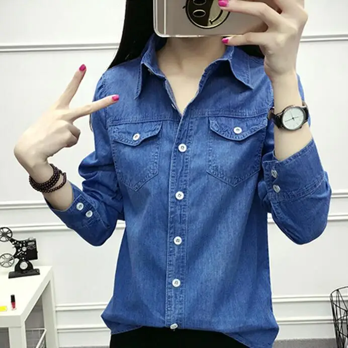 2018 для женщин s хлопок Повседневная Рабочая в офис джинсовая рубашка Блузки Turn Down
