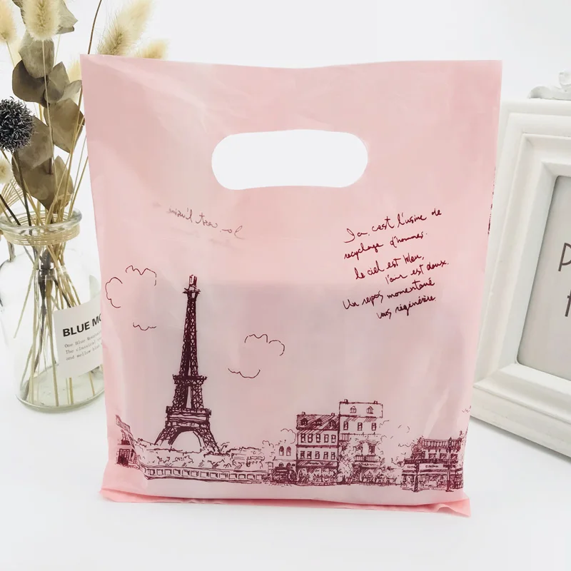 

100pcs Pink Paris Tower Plastic Gift Bags Mini 20x25cm Small Boutique Shopping Clothes Bags Plastic Gift Bags With Handles