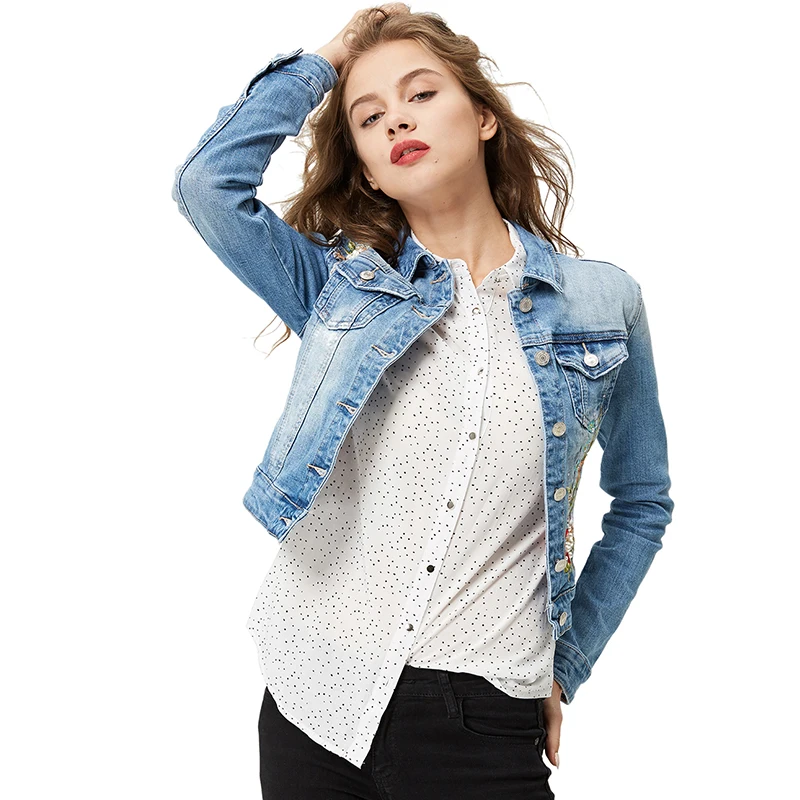 Женская джинсовая куртка винтажная Облегающая с цветочным рисунком и вышивкой