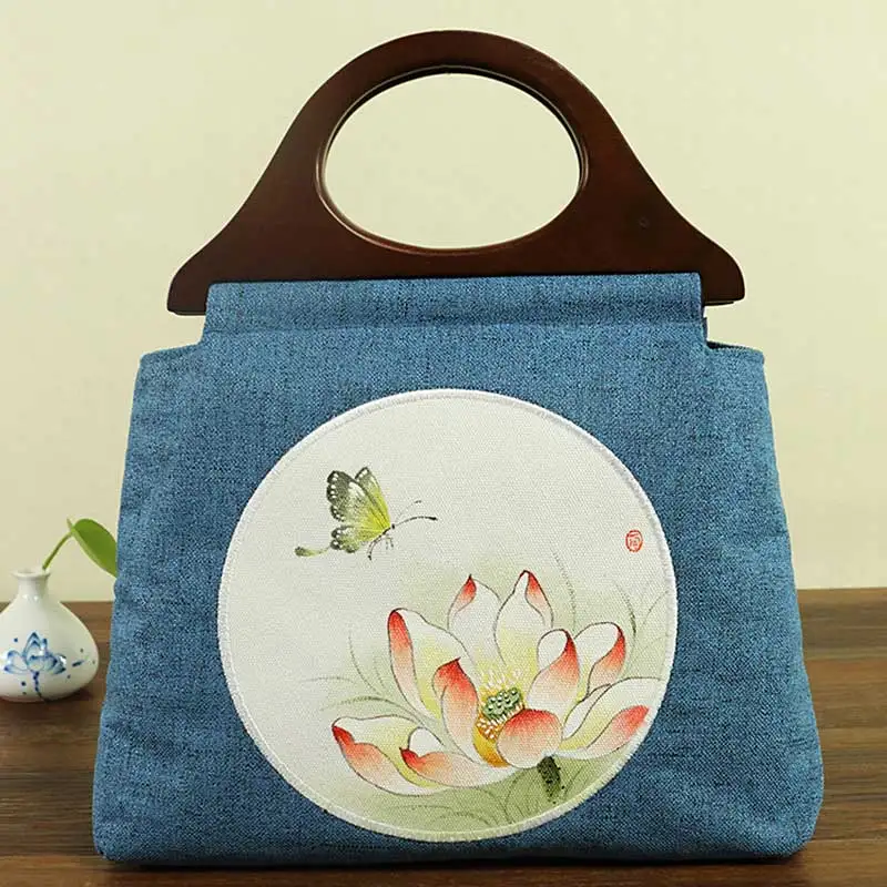Veowalk Original Design Crane Hand Painting Women Canvas Tote Handbag Ladies Linen Cotton Shopping Bags with Belt Wooden Handle | Багаж и