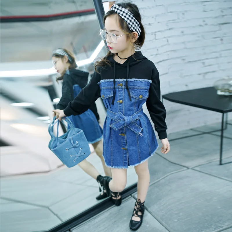 Little Girls Denim Dresses Autumn 2018 New Kids Long Sleeve Hooded Dress Toddler Jeans Clothes Blue | Детская одежда и обувь