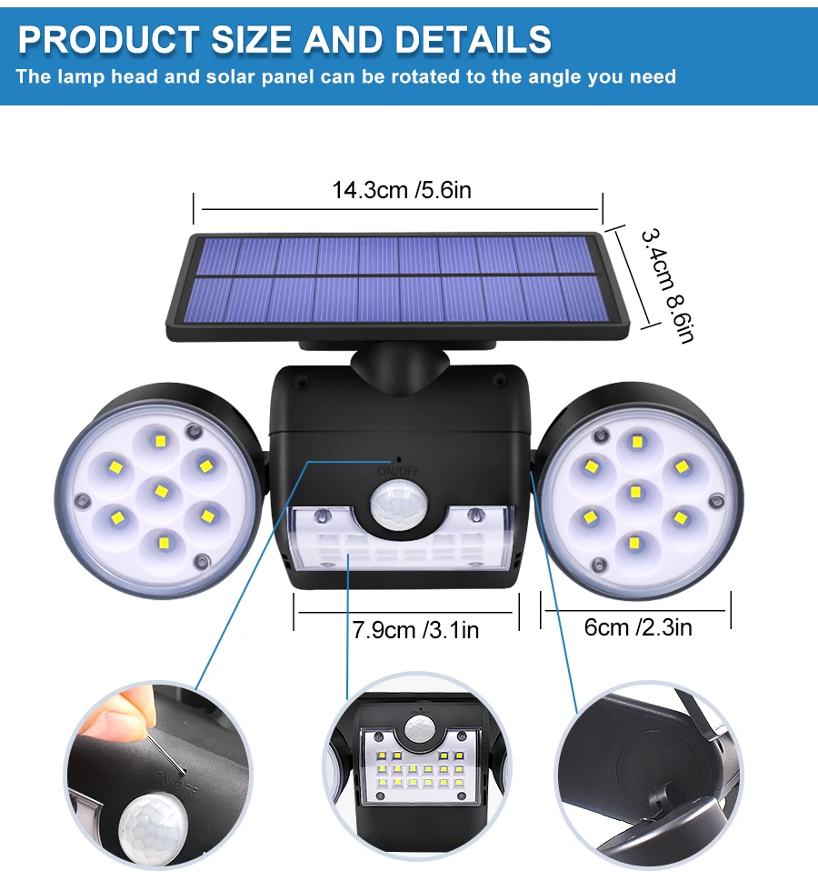 30LED Solar Light Dual Head Solar Lamp PIR Motion Sensor Spotlight Waterproof Outdoor Adjustable Angle Lights For Garden Wall