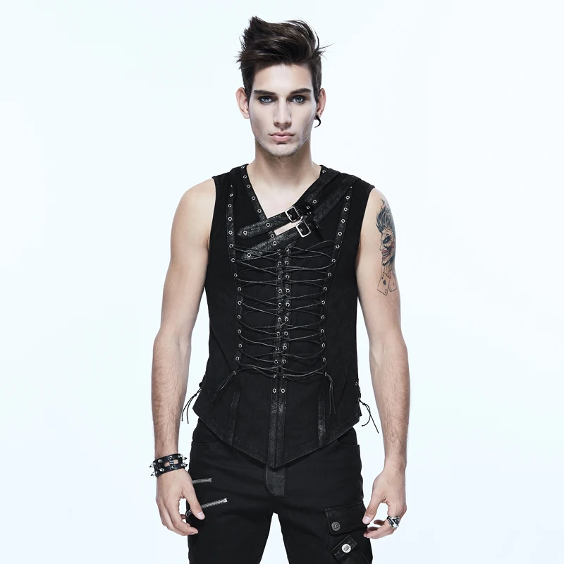 

Punk Gothic Men Vests Rivet Black Sleeveless Vests Crack Leather Bandage Vests Summer Cotton Tank Tops Vests