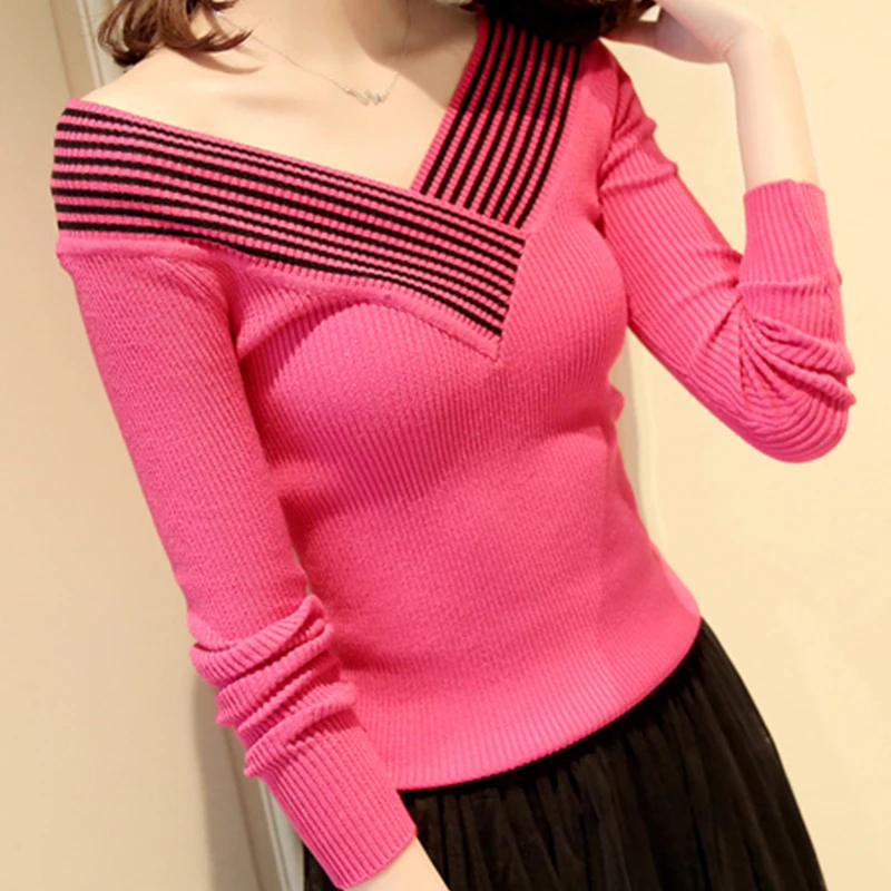 Женские свитера и пуловеры вязаные Полосатые с V-образным вырезом длинным