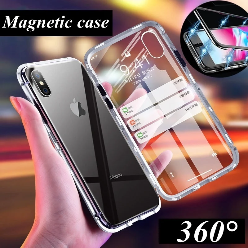 Металлический магнитный чехол для iPhone 8 Plus + задняя крышка из закаленного стекла с