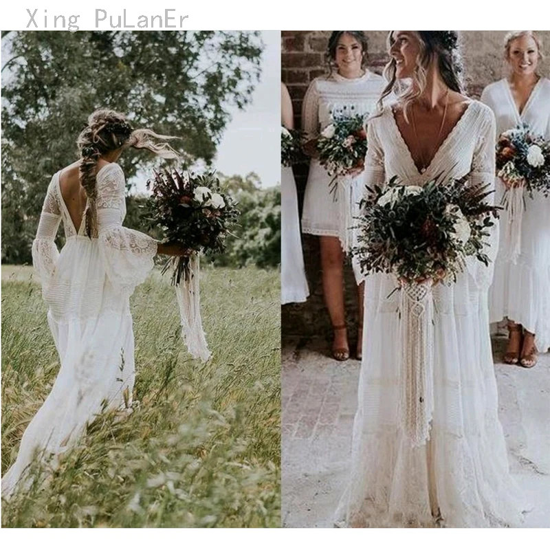 

Wedding Dresses 2019 V Neck Long Sleeve Lace Sweep Train Beach Boho Garden Country Bridal Gowns vestido de noiva Plus Size