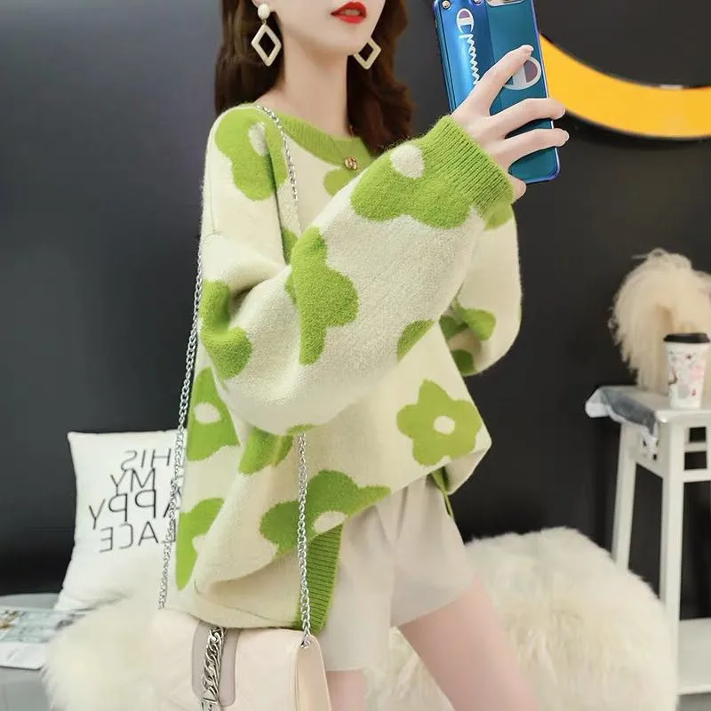 

H.SA 2019 Fall Women Pull Sweaters Oneck Floral Loose Jumpers Blue Candy Color Knitwear Tops korean sweater Female Knitwear Pull