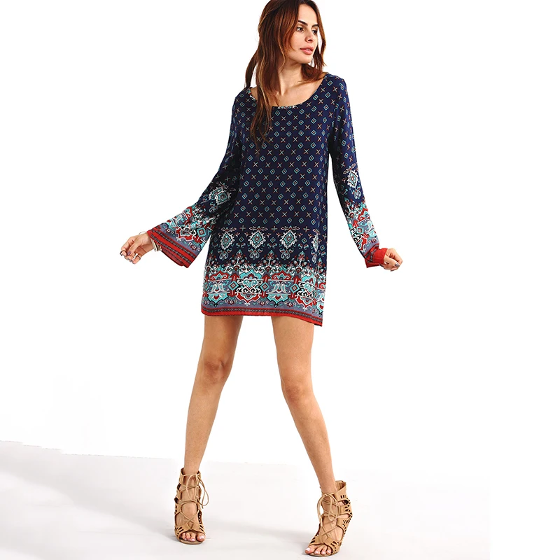 Vintage Ethnic Slim Loose Baroque Women's Dress Round Neck Printed Party Elegant Vestidos Verano Plus Size XXL XXXL W1054 | Женская