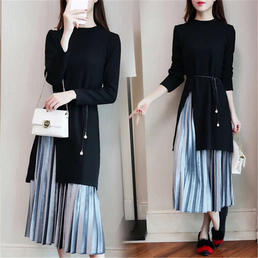 Женский трикотажный свитер и плиссированная юбка Осень зима|plus size womens sets|women setwinter