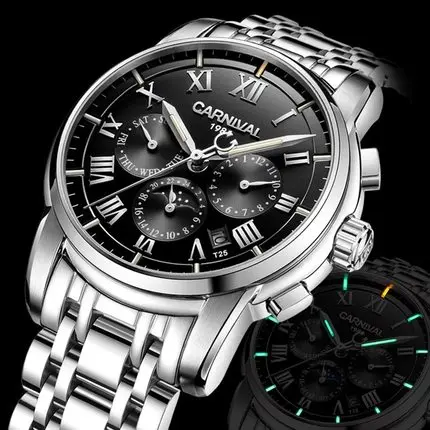 Silver Black Карнавал T25 Тритий Светящиеся механические часы мужские часы люксовый бренд Календарь автоматические наручные часы мужские Relojes Hombre - Цвет: Silver Black